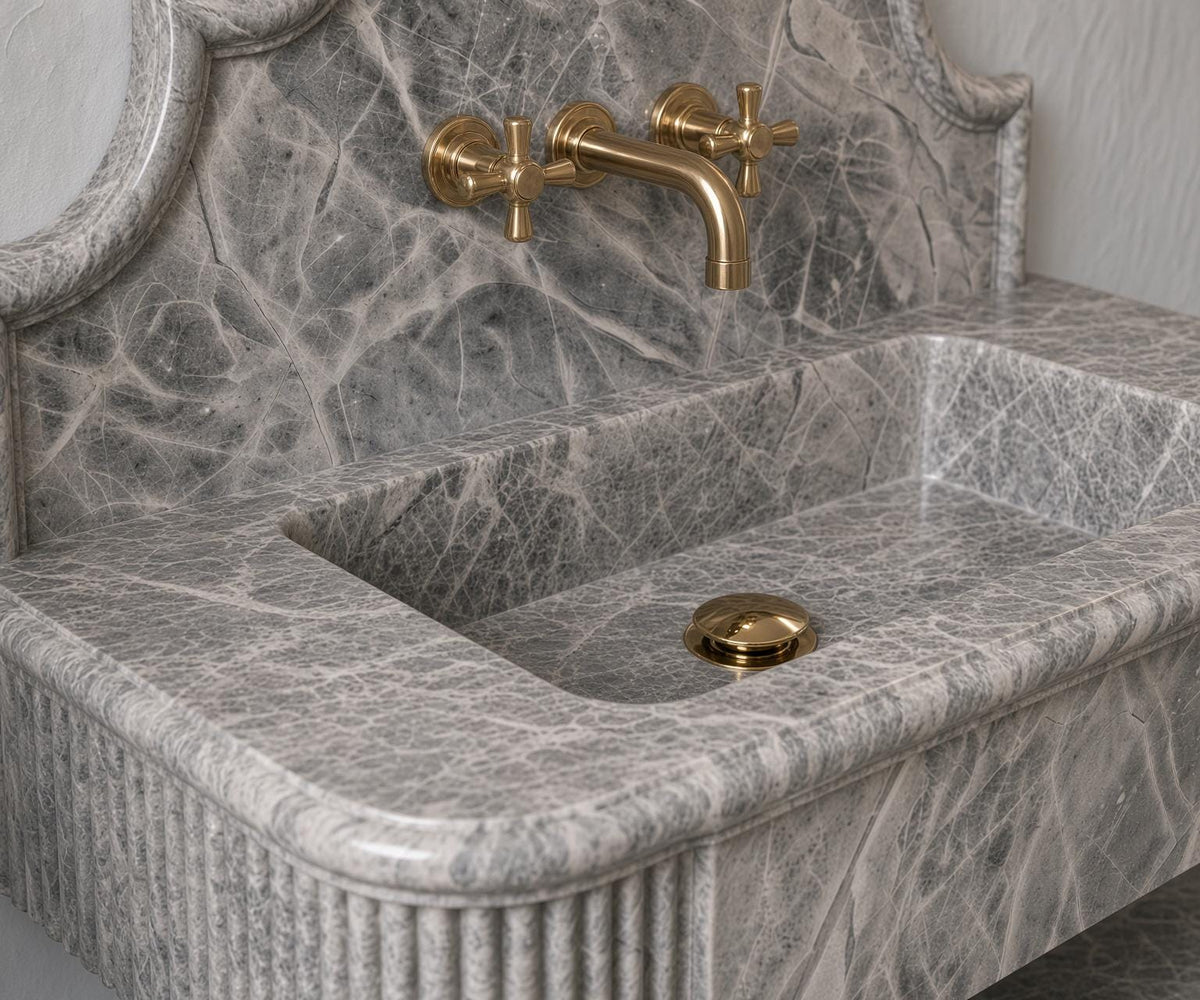Grey Marble Floating Vanity, Fluted Apron, Powder Room Sink (Custom)