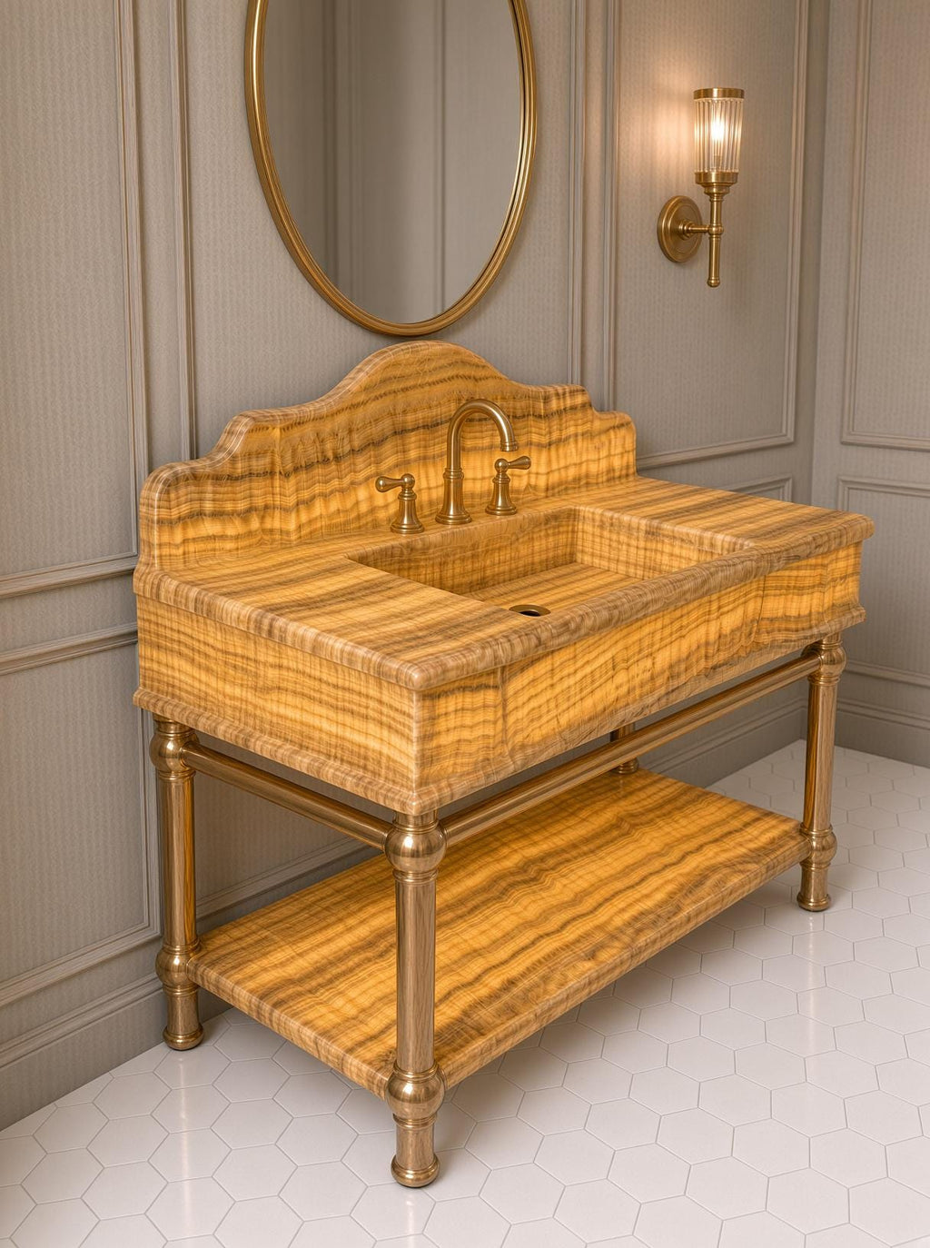 Luxury Yellow Onyx Marble Sink | Backlit Vanity with Brass Stand (Customizable)