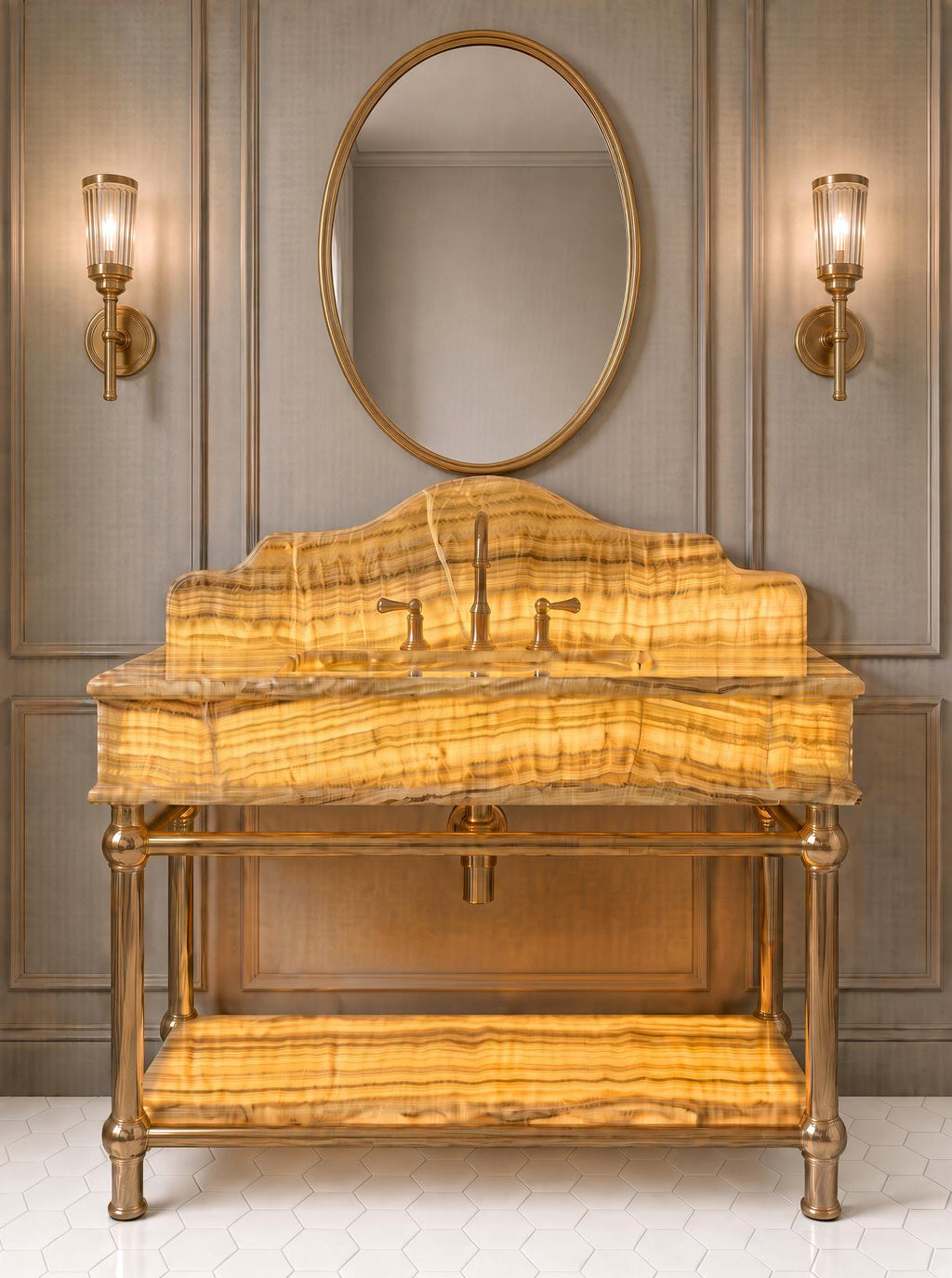 Luxury Yellow Onyx Marble Sink | Backlit Vanity with Brass Stand (Customizable)
