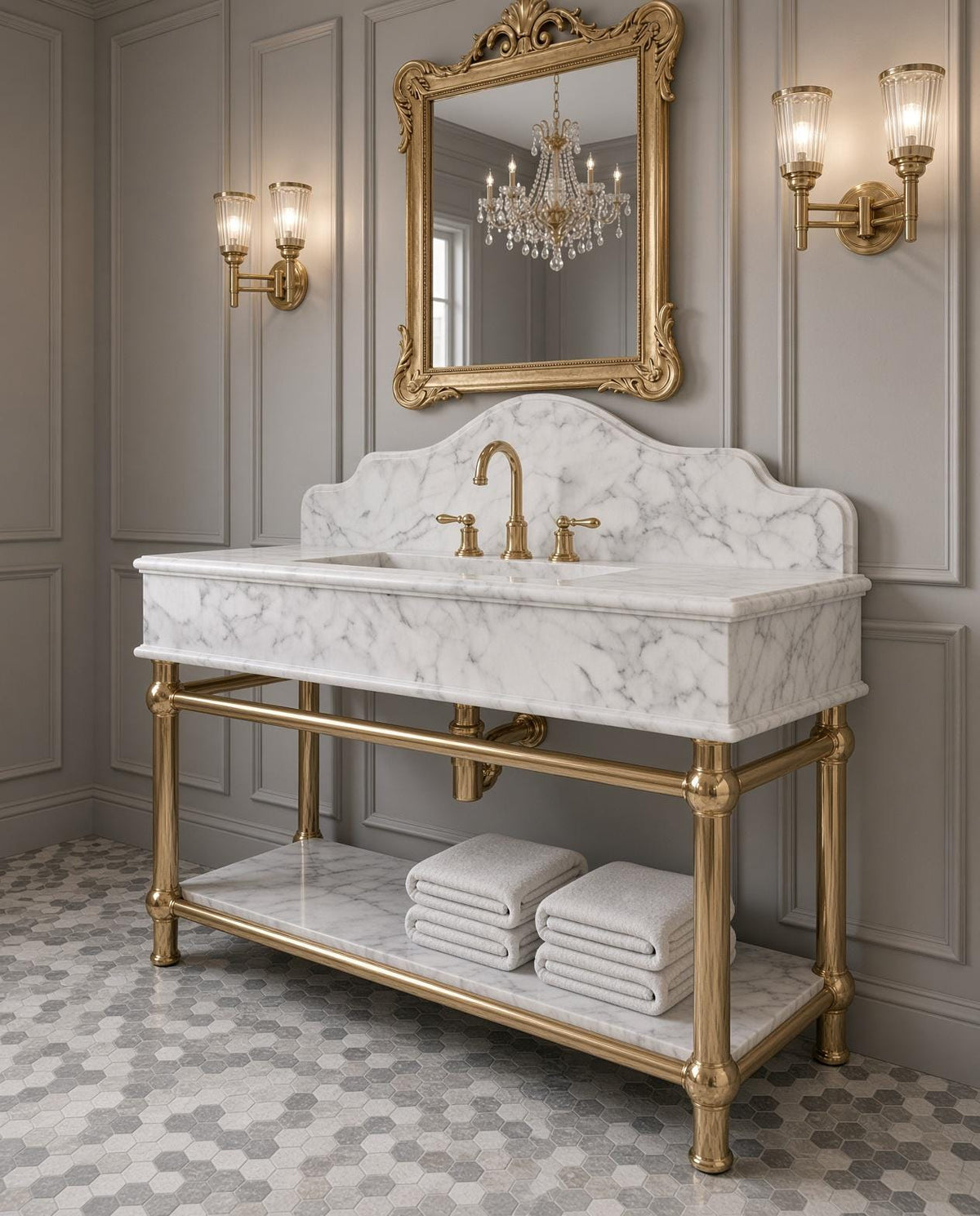 Calacatta White Marble Console Sink, Brass Stand, Luxury Vanity with Shelf