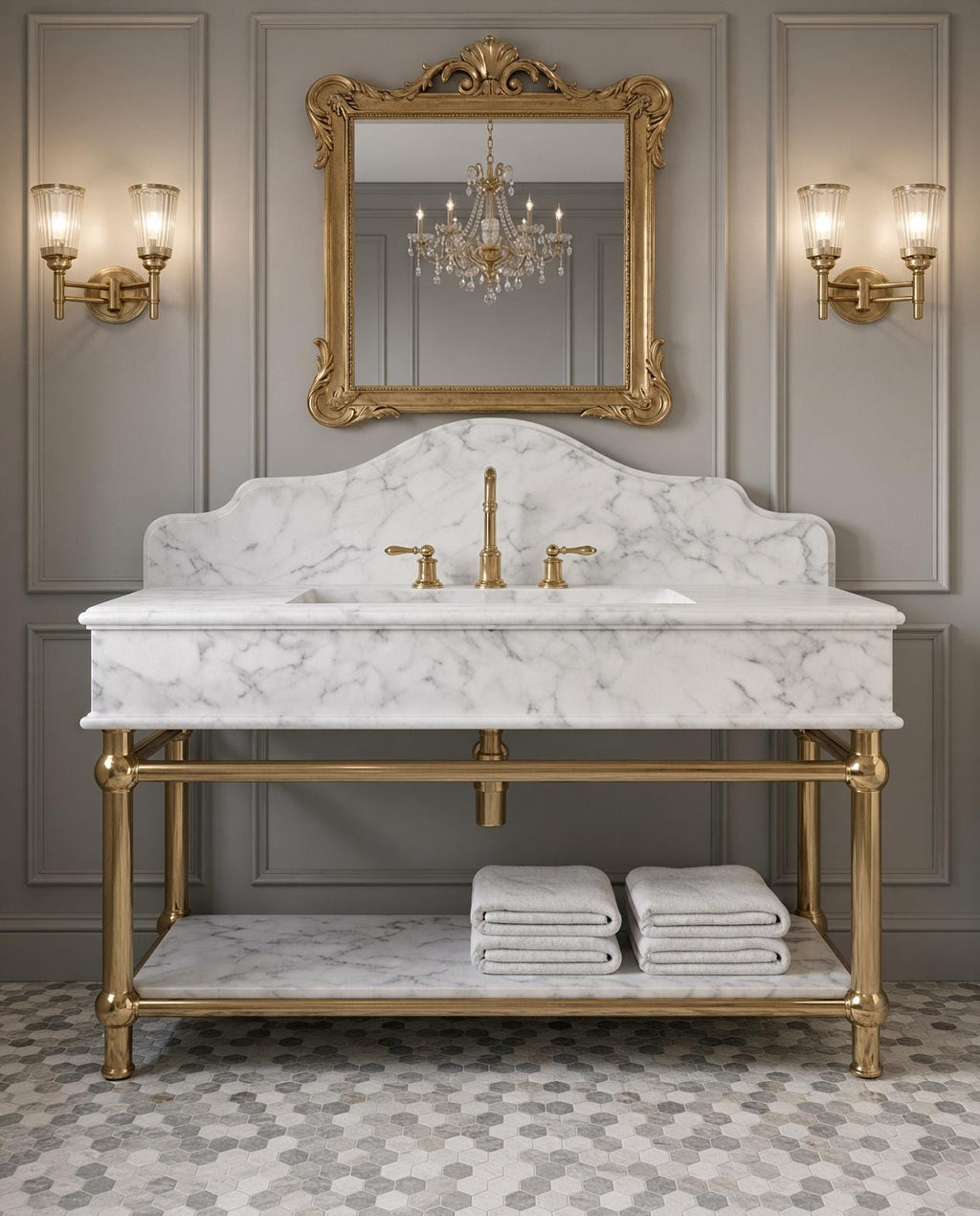Calacatta White Marble Console Sink, Brass Stand, Luxury Vanity with Shelf