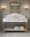 Calacatta White Marble Console Sink, Brass Stand, Luxury Vanity with Shelf
