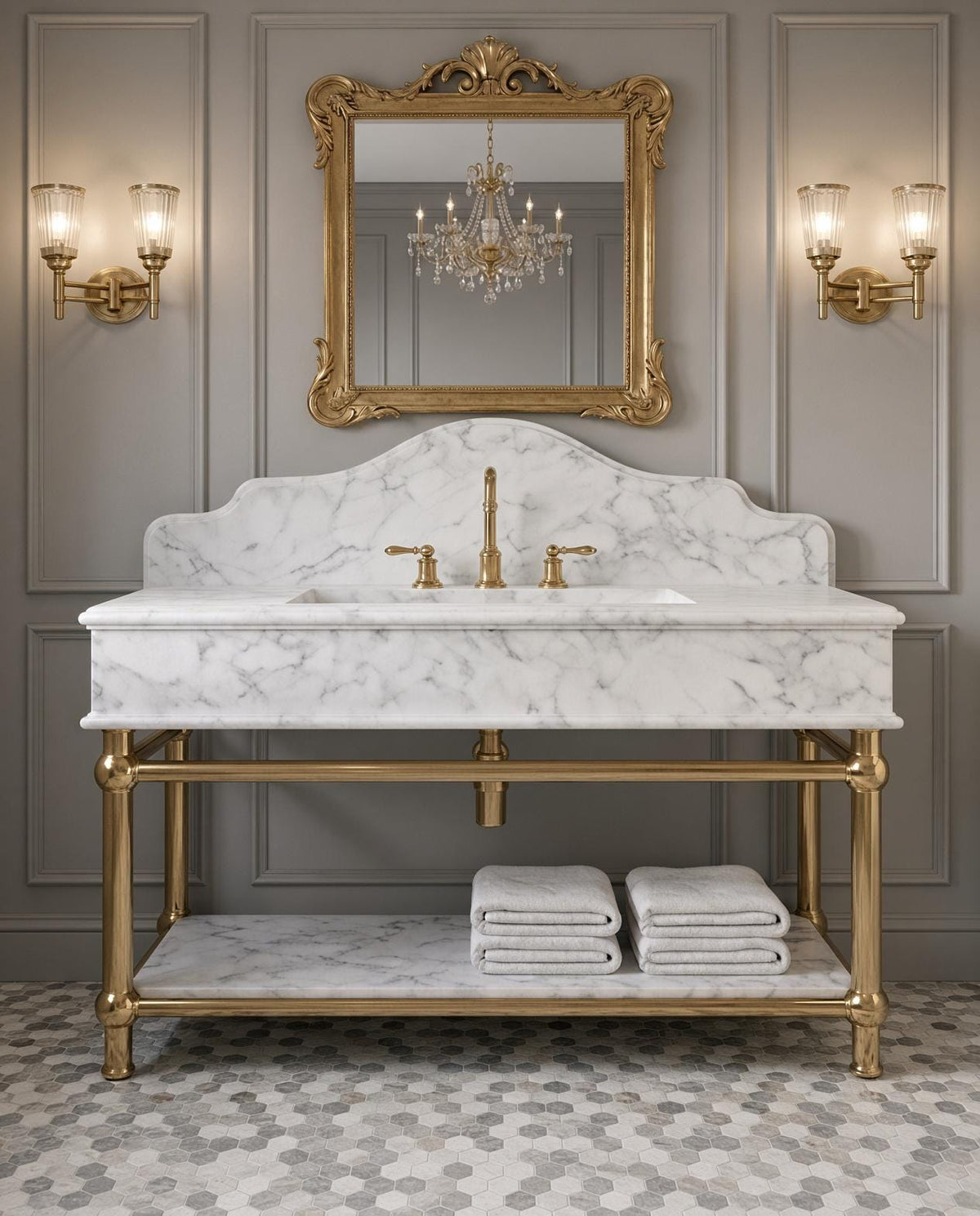 Calacatta White Marble Console Sink, Brass Stand, Luxury Vanity with Shelf