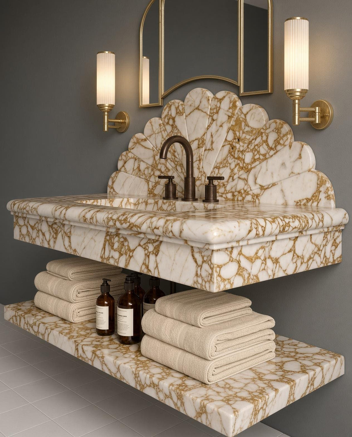 Calacatta Gold Marble Wall-Mounted Vanity with Scalloped Backsplash