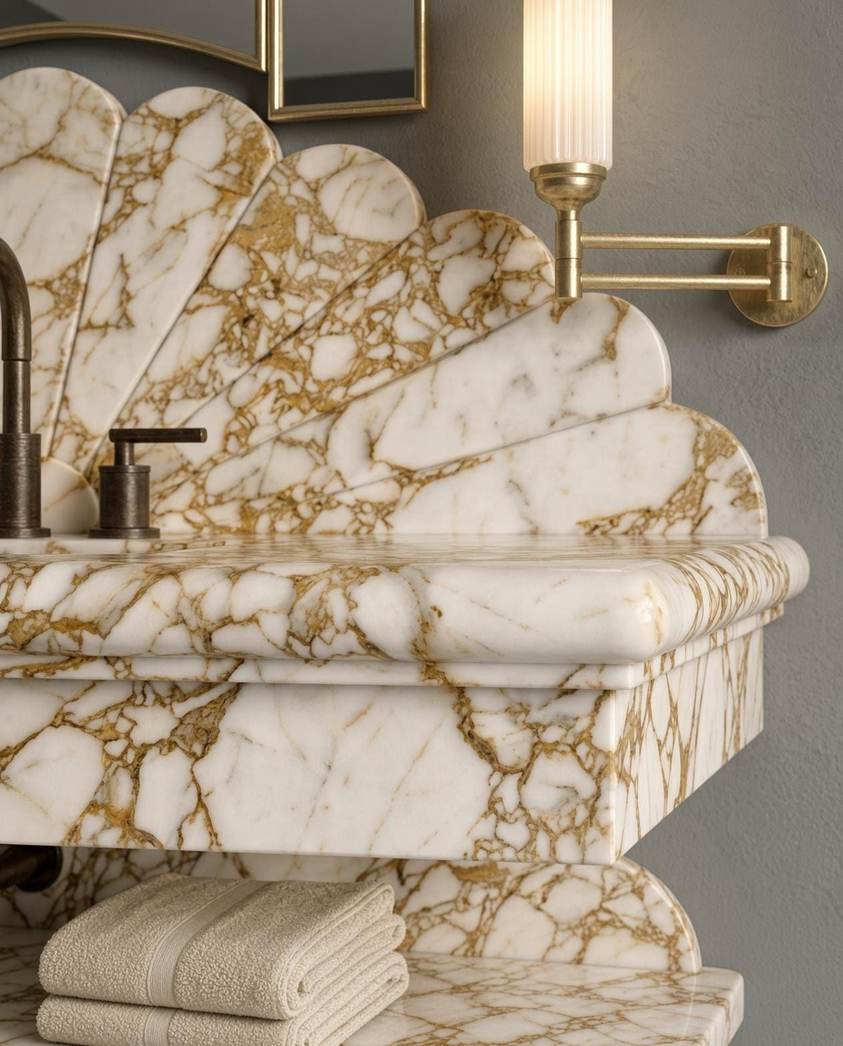 Calacatta Gold Marble Wall-Mounted Vanity with Scalloped Backsplash