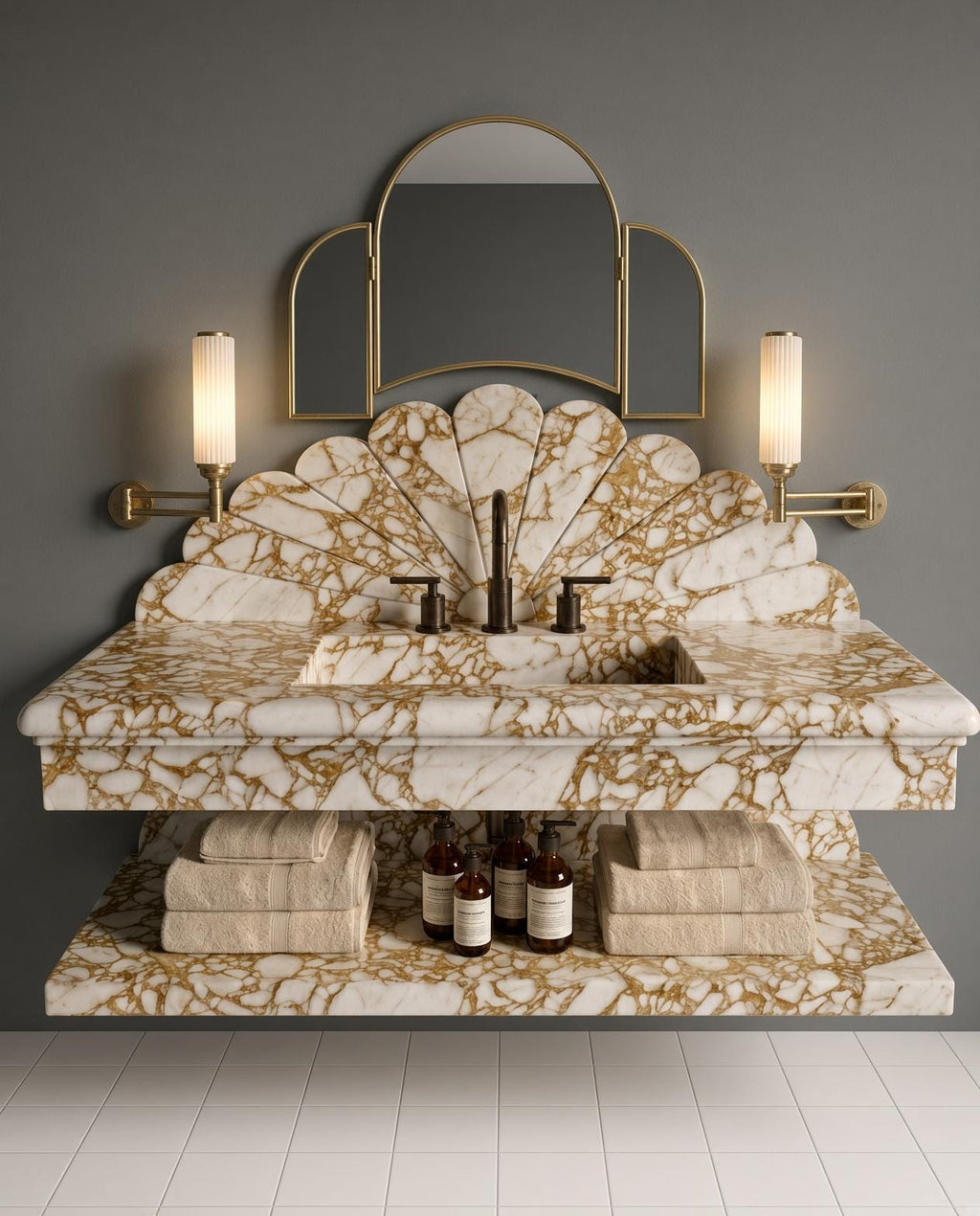 Calacatta Gold Marble Wall-Mounted Vanity with Scalloped Backsplash
