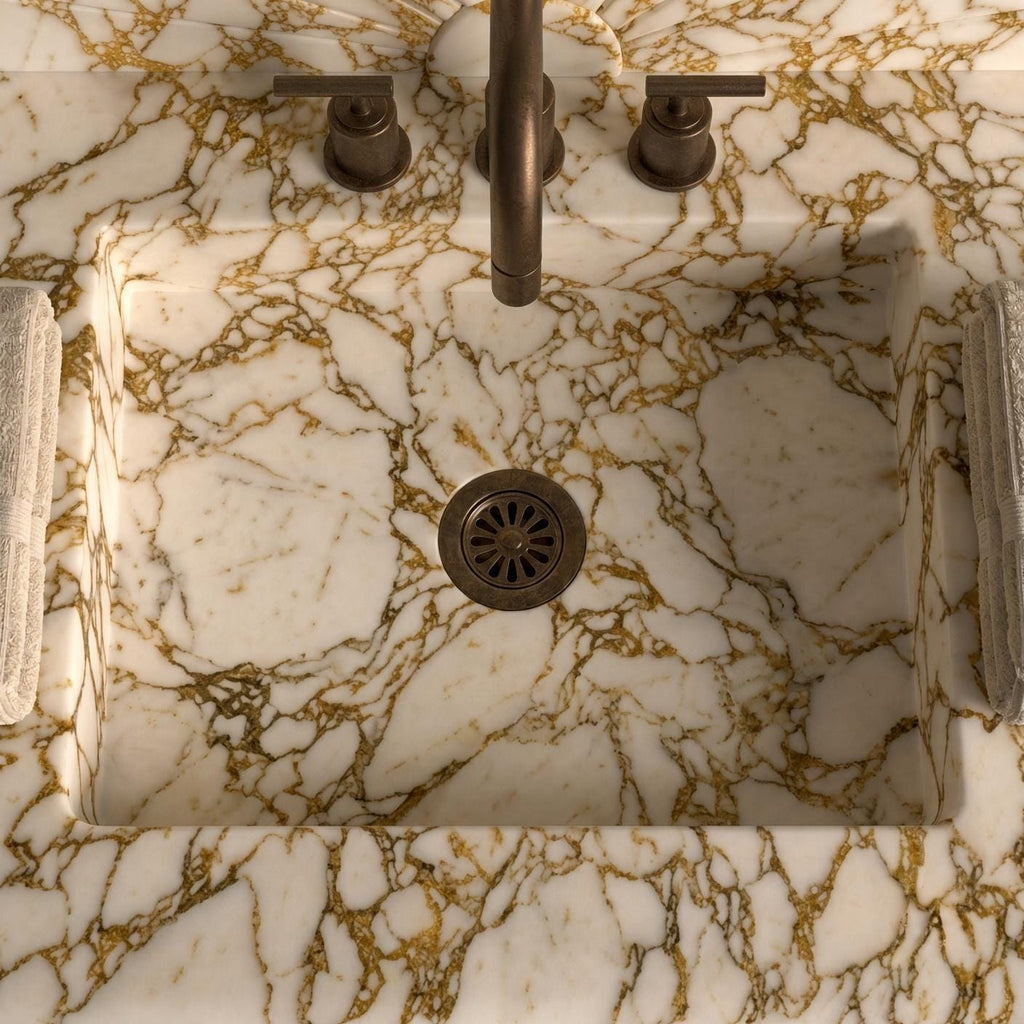Calacatta Gold Marble Wall-Mounted Vanity with Scalloped Backsplash