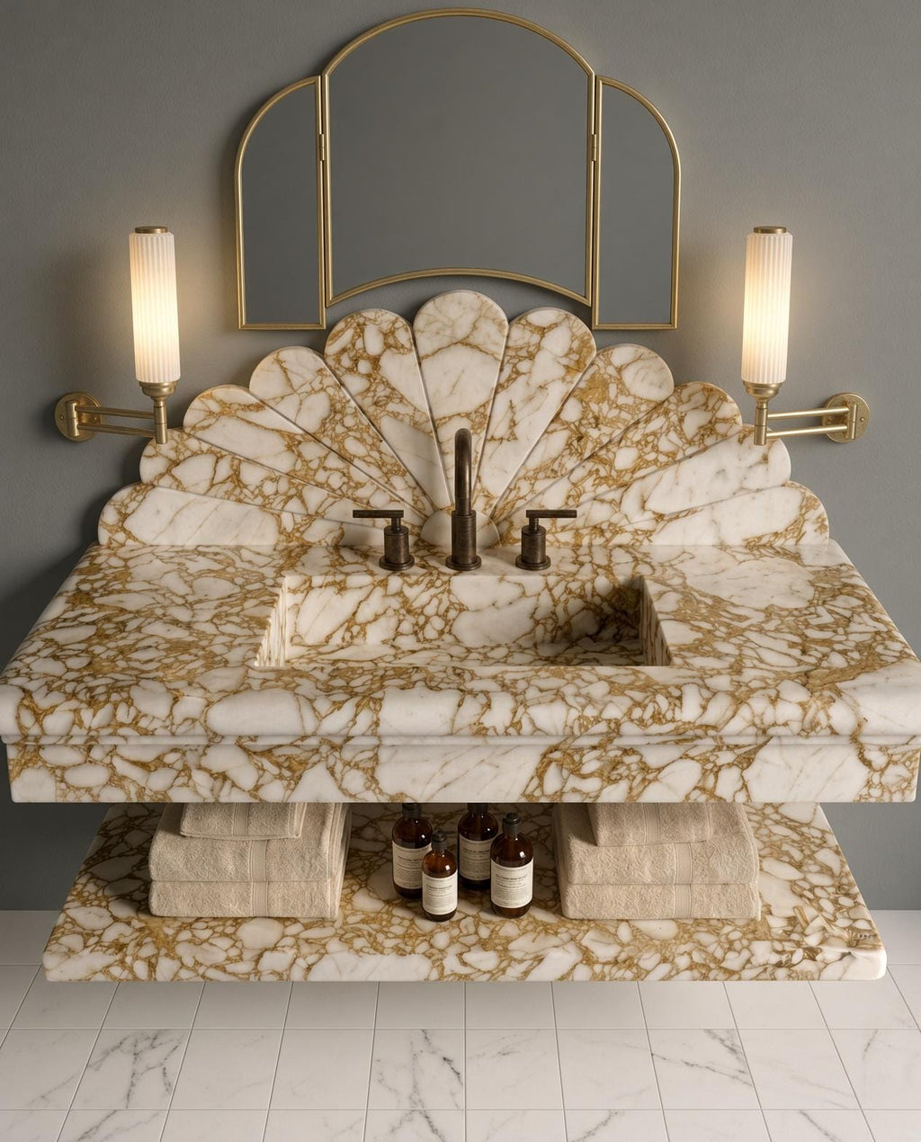 Calacatta Gold Marble Wall-Mounted Vanity with Scalloped Backsplash