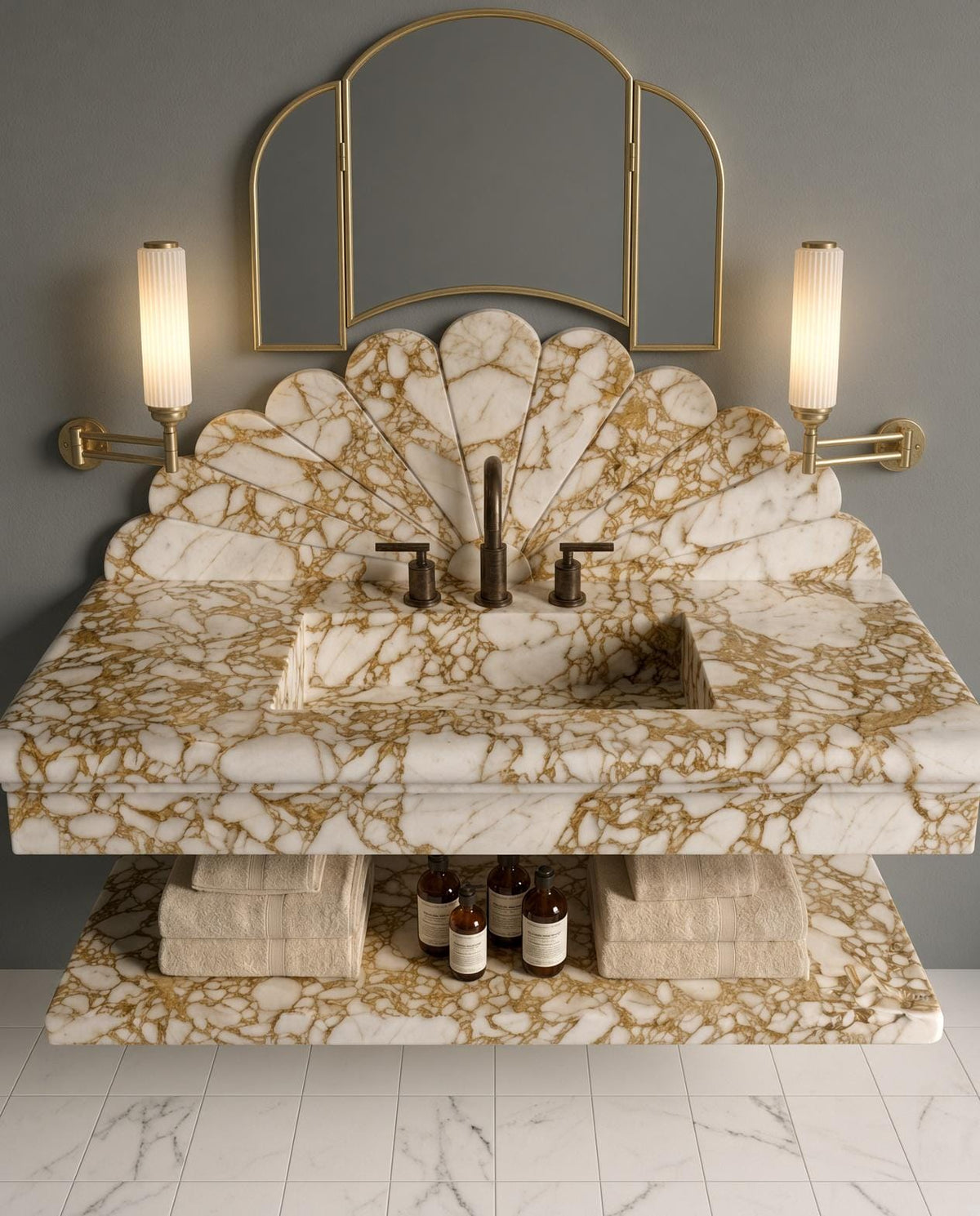 Calacatta Gold Marble Wall-Mounted Vanity with Scalloped Backsplash