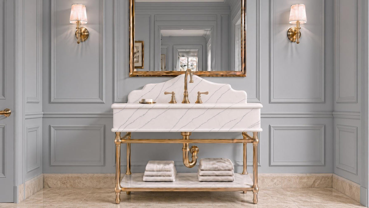 Calacatta New York Marble Console Vanity | Gold Brass Stand | Luxury Bathroom Sink