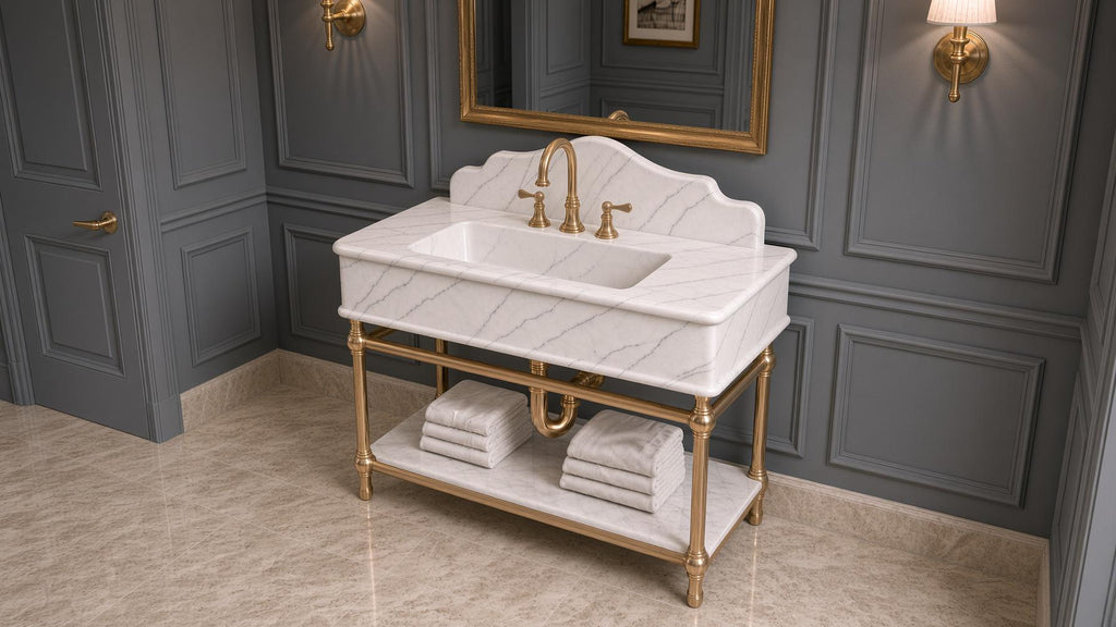 Calacatta New York Marble Console Vanity | Gold Brass Stand | Luxury Bathroom Sink