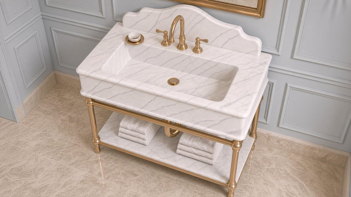 Calacatta New York Marble Console Vanity | Gold Brass Stand | Luxury Bathroom Sink