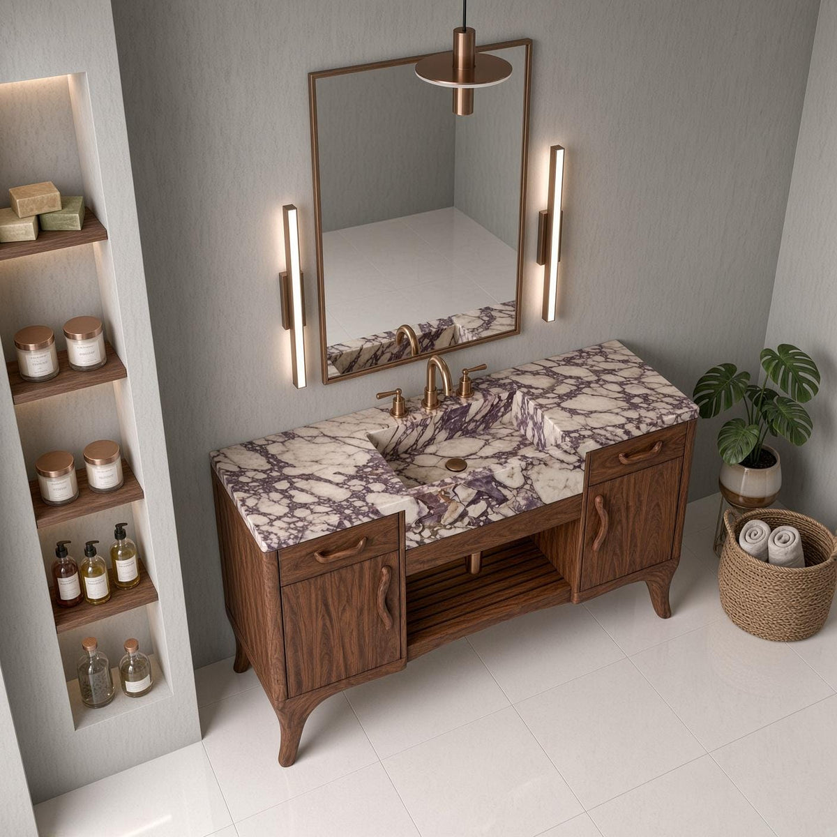Calacatta Viola Marble Vanity | Solid Iroko Wood, Integrated Sink, Carved Pulls