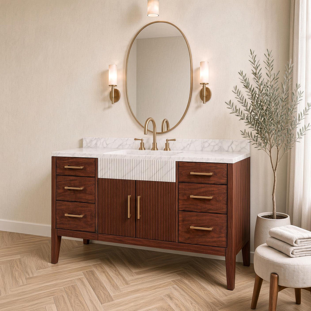 Calacatta Marble Bathroom Vanity with Sink | Solid Mahogany Fluted Cabinet | Gold Hardware