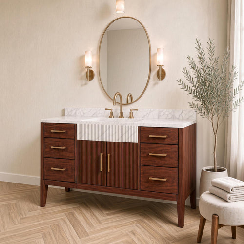 Calacatta Marble Bathroom Vanity with Sink | Solid Mahogany Fluted Cabinet | Gold Hardware