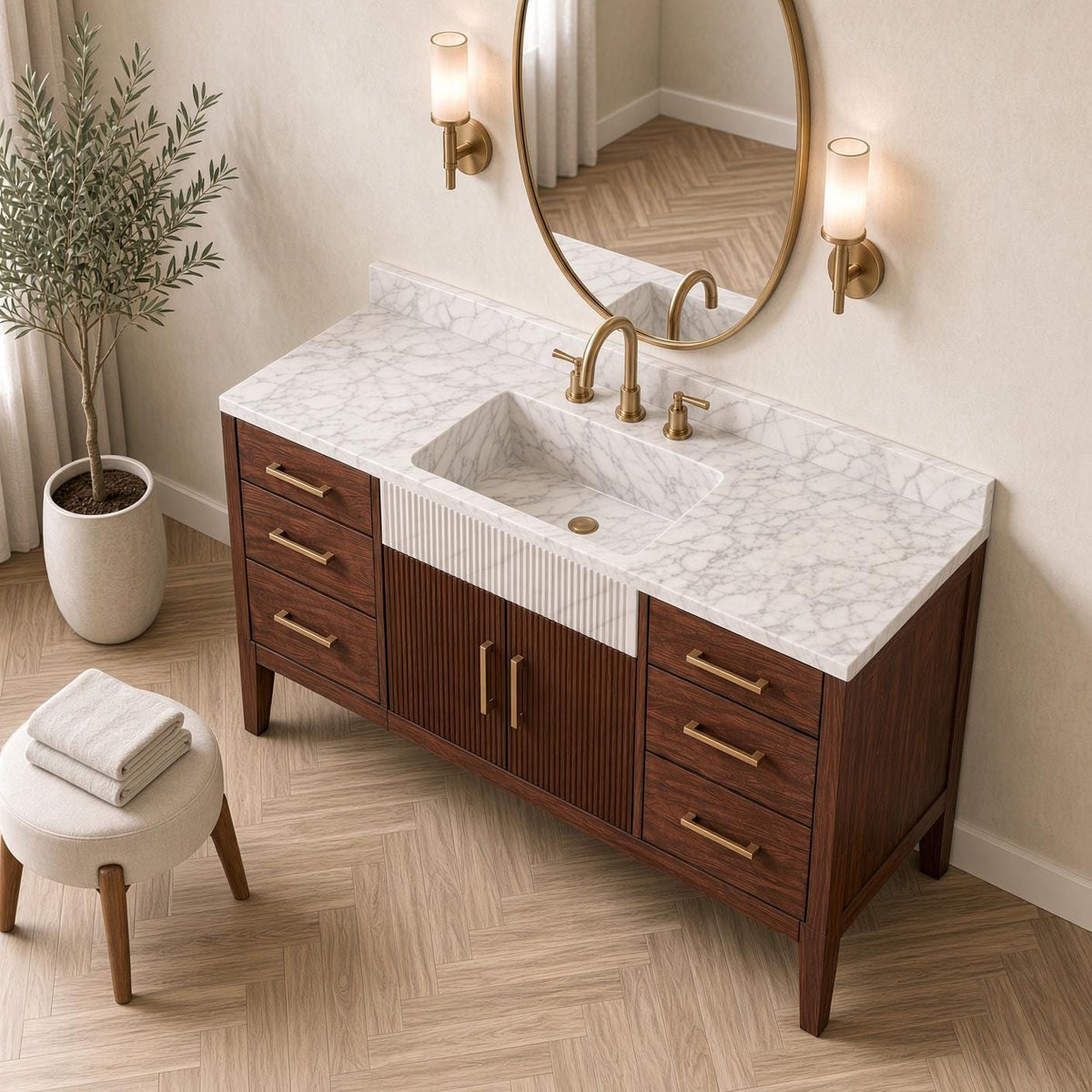 Calacatta Marble Bathroom Vanity with Sink | Solid Mahogany Fluted Cabinet | Gold Hardware