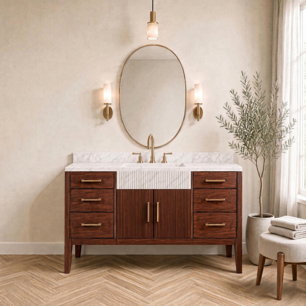 Calacatta Marble Bathroom Vanity with Sink | Solid Mahogany Fluted Cabinet | Gold Hardware