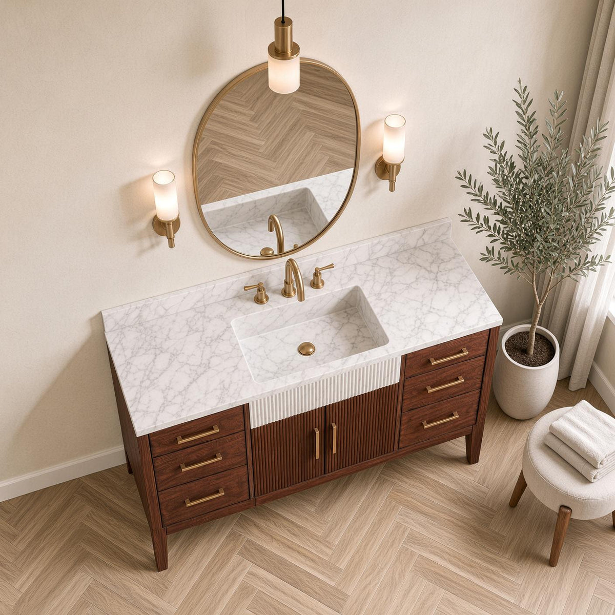 Calacatta Marble Bathroom Vanity with Sink | Solid Mahogany Fluted Cabinet | Gold Hardware