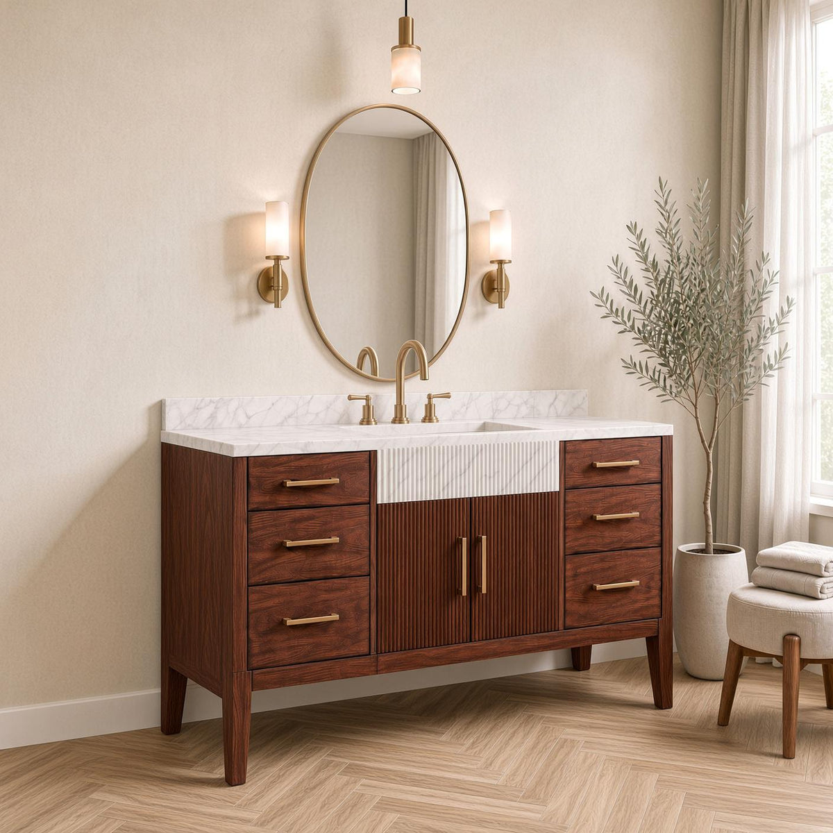 Calacatta Marble Bathroom Vanity with Sink | Solid Mahogany Fluted Cabinet | Gold Hardware