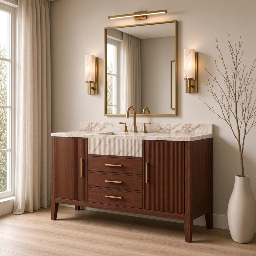 Calacatta Gold Marble Bathroom Vanity with Sink | Solid Mahogany Fluted Cabinet | Gold Hardware