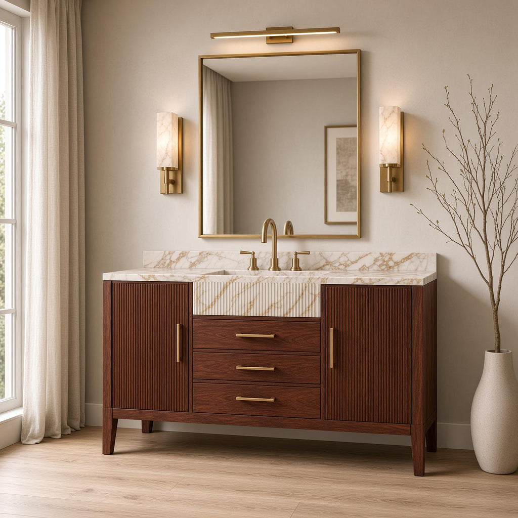 Calacatta Gold Marble Bathroom Vanity with Sink | Solid Mahogany Fluted Cabinet | Gold Hardware