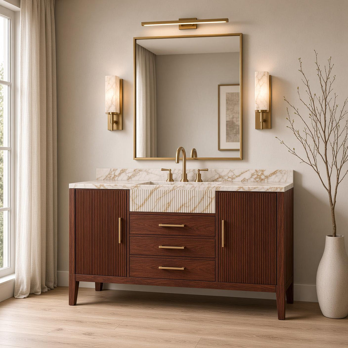 Calacatta Gold Marble Bathroom Vanity with Sink | Solid Mahogany Fluted Cabinet | Gold Hardware