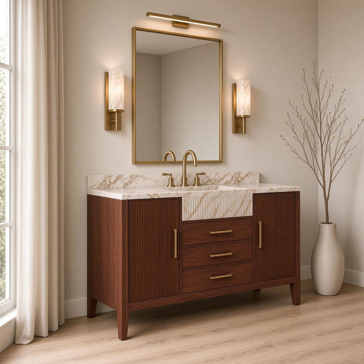 Calacatta Gold Marble Bathroom Vanity with Sink | Solid Mahogany Fluted Cabinet | Gold Hardware