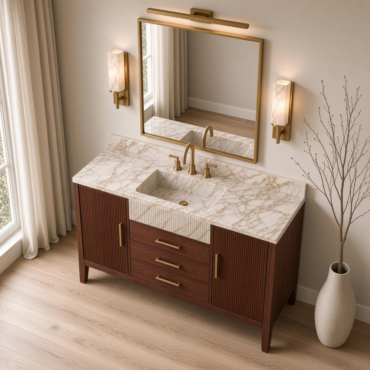 Calacatta Gold Marble Bathroom Vanity with Sink | Solid Mahogany Fluted Cabinet | Gold Hardware