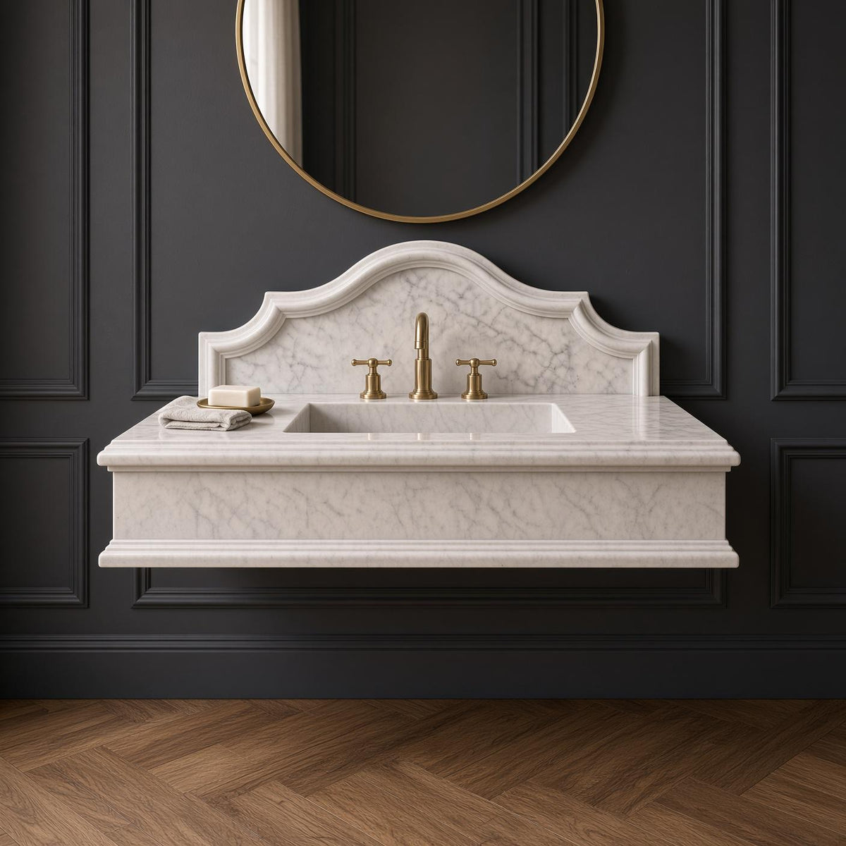 Custom Calacatta Marble Wall-Mounted Sink, Crescent Backsplash Vanity (Natural Stone)
