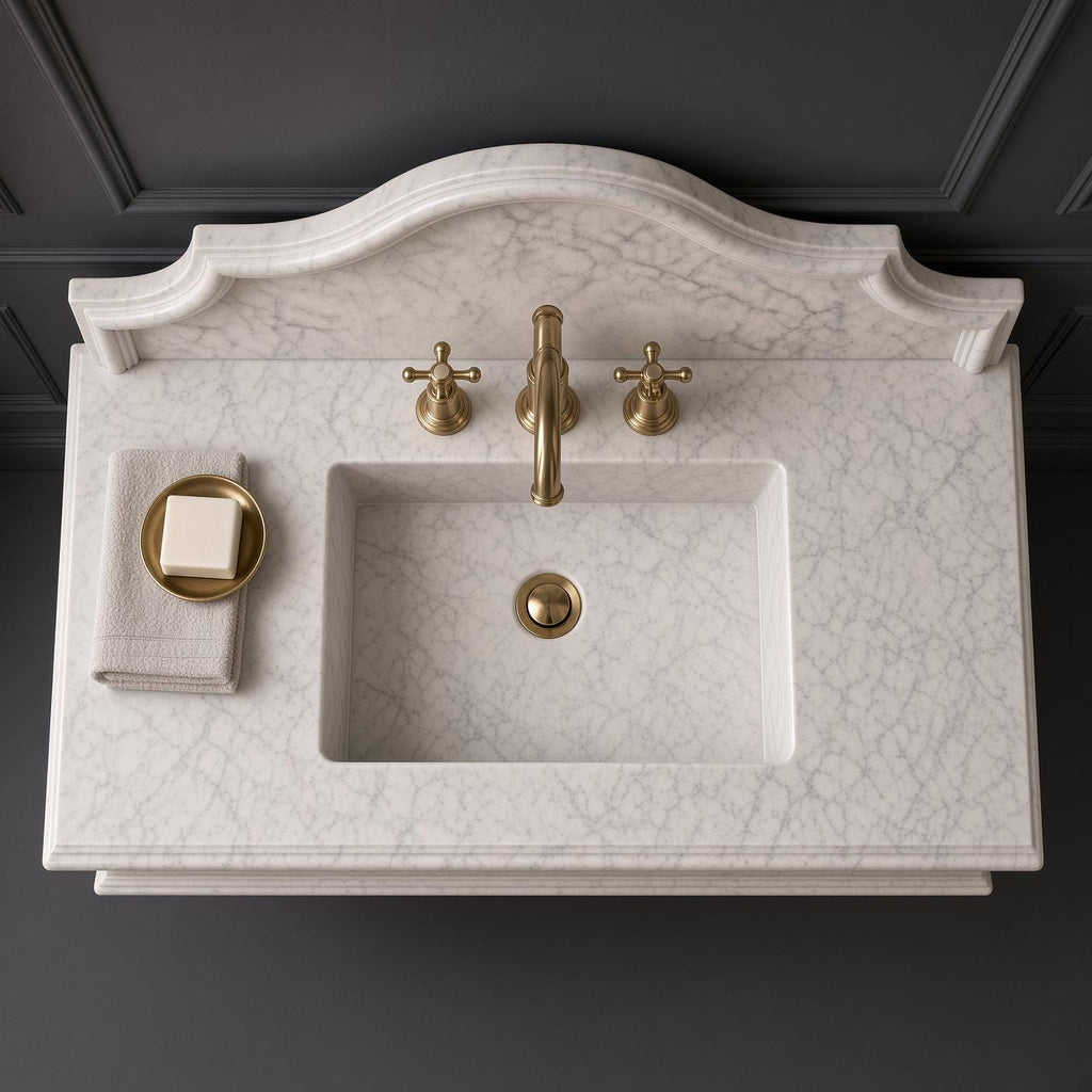 Custom Calacatta Marble Wall-Mounted Sink, Crescent Backsplash Vanity (Natural Stone)