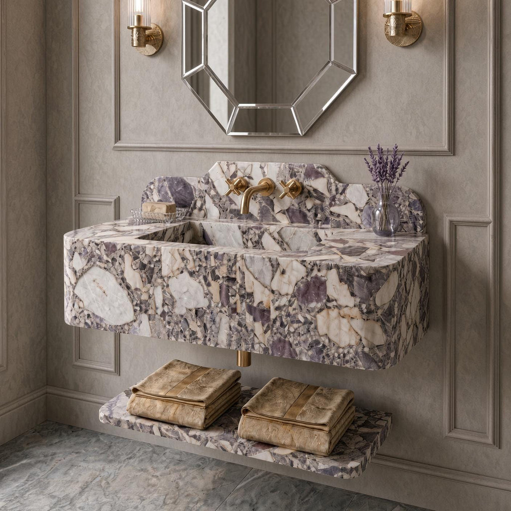 Calacatta Viola Breccia Marble Vanity | Wall-Mounted Sink, Backsplash, Shelf (Luxury Bathroom)