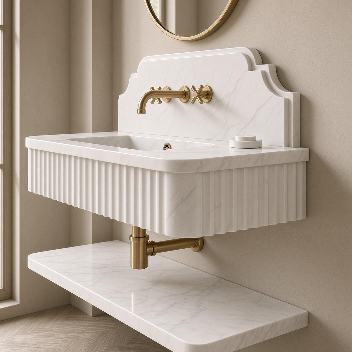 Calacatta White Marble Wall Mounted Floating Vanity | Fluted Stone Sink Backsplash and Shelf