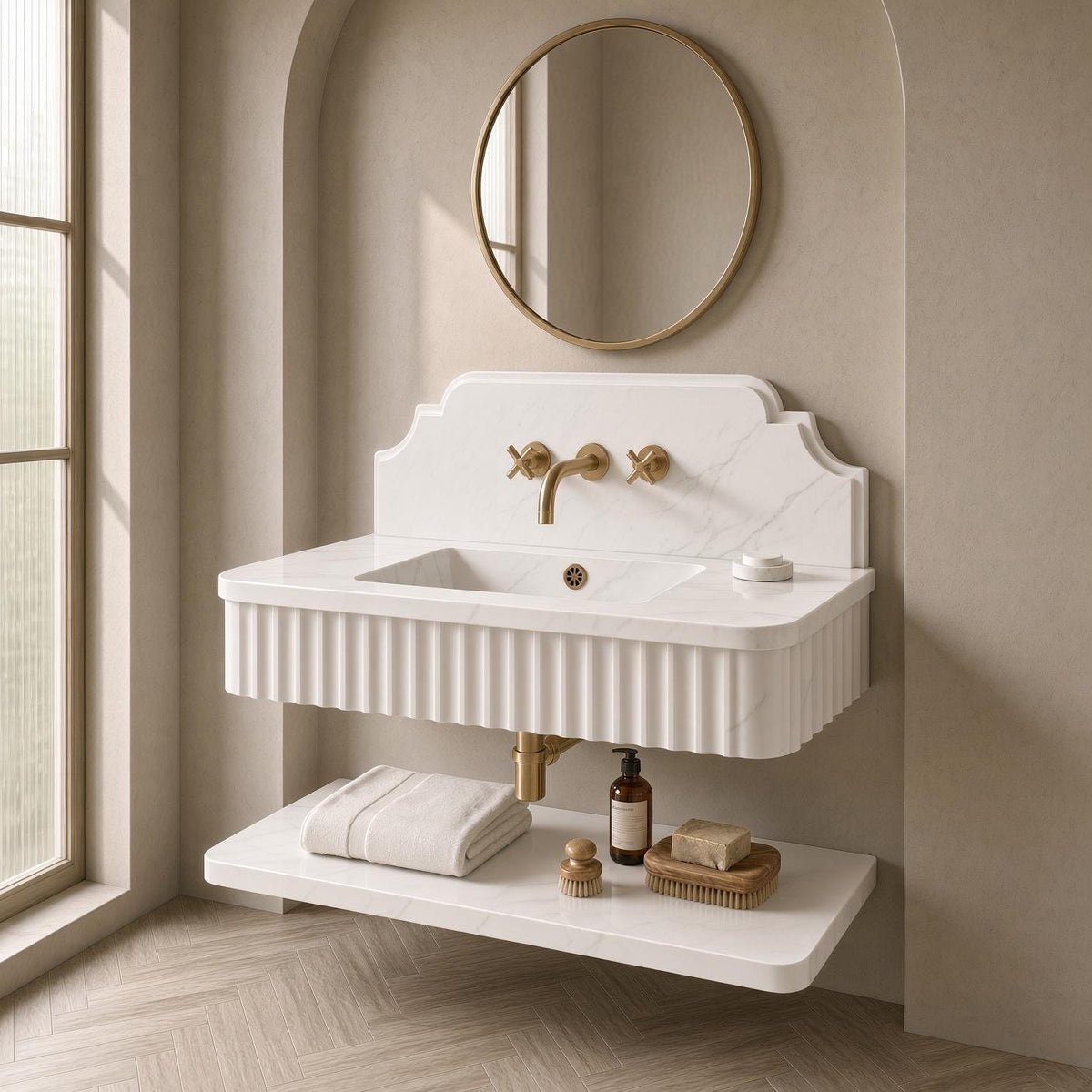 Calacatta White Marble Wall Mounted Floating Vanity | Fluted Stone Sink Backsplash and Shelf