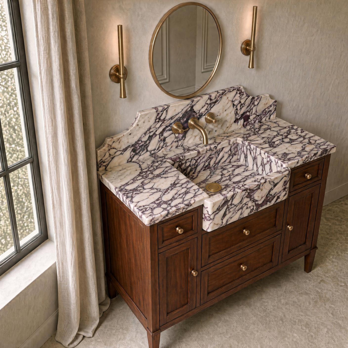 Calacatta Viola Marble Bathroom Vanity | Apron Farmhouse Sink | Mahogany Wood Cabinet | Brass Gold Hardware