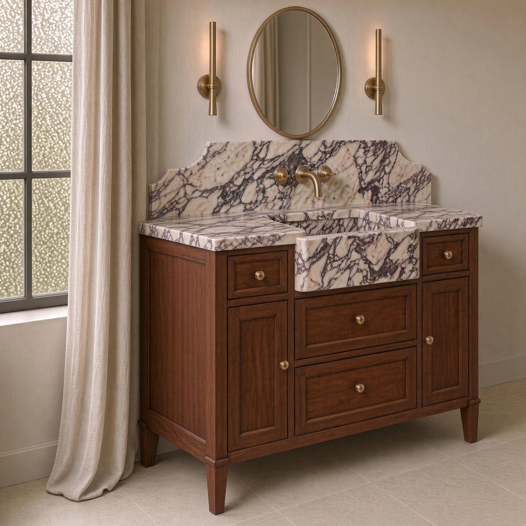 Calacatta Viola Marble Bathroom Vanity | Apron Farmhouse Sink | Mahogany Wood Cabinet | Brass Gold Hardware