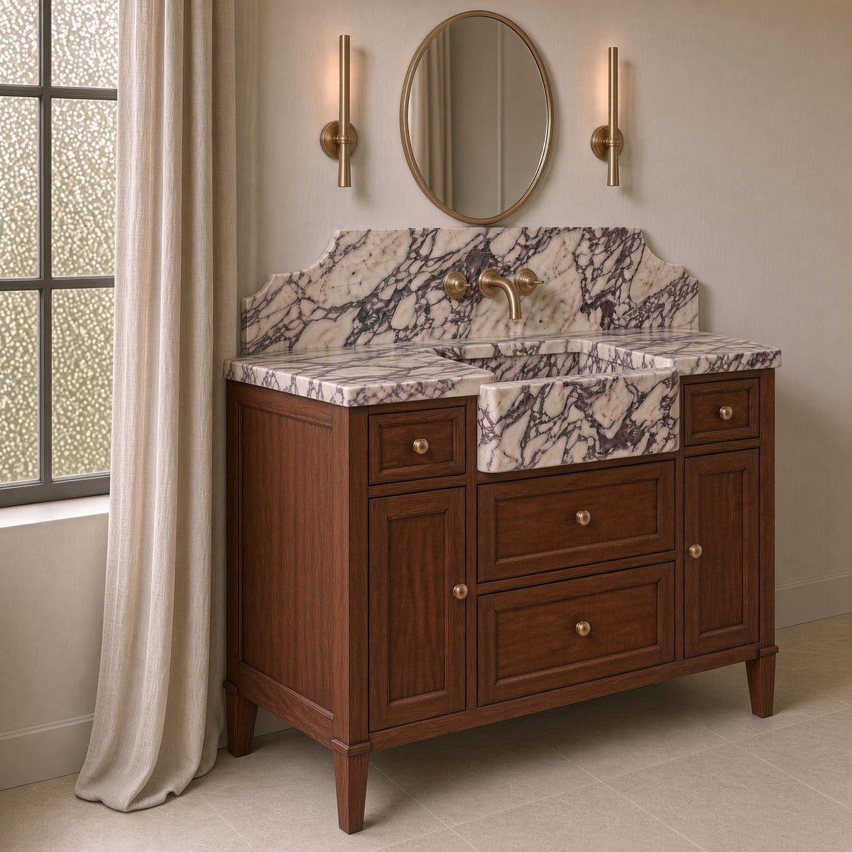 Calacatta Viola Marble Bathroom Vanity | Apron Farmhouse Sink | Mahogany Wood Cabinet | Brass Gold Hardware