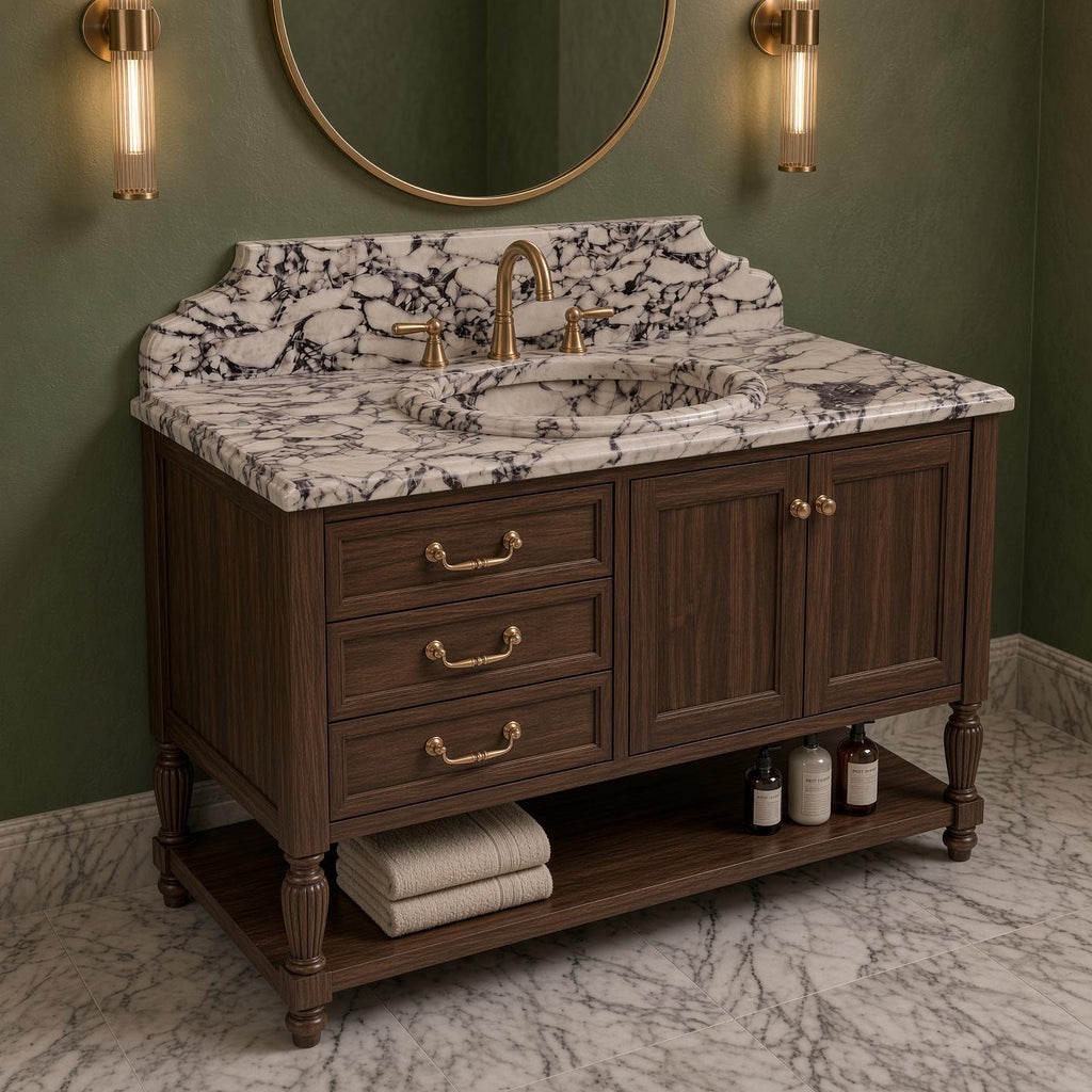 Calacatta Viola Marble Vanity Sink with Solid Mahogany Cabinet, Handmade Freestanding Bathroom Vanity