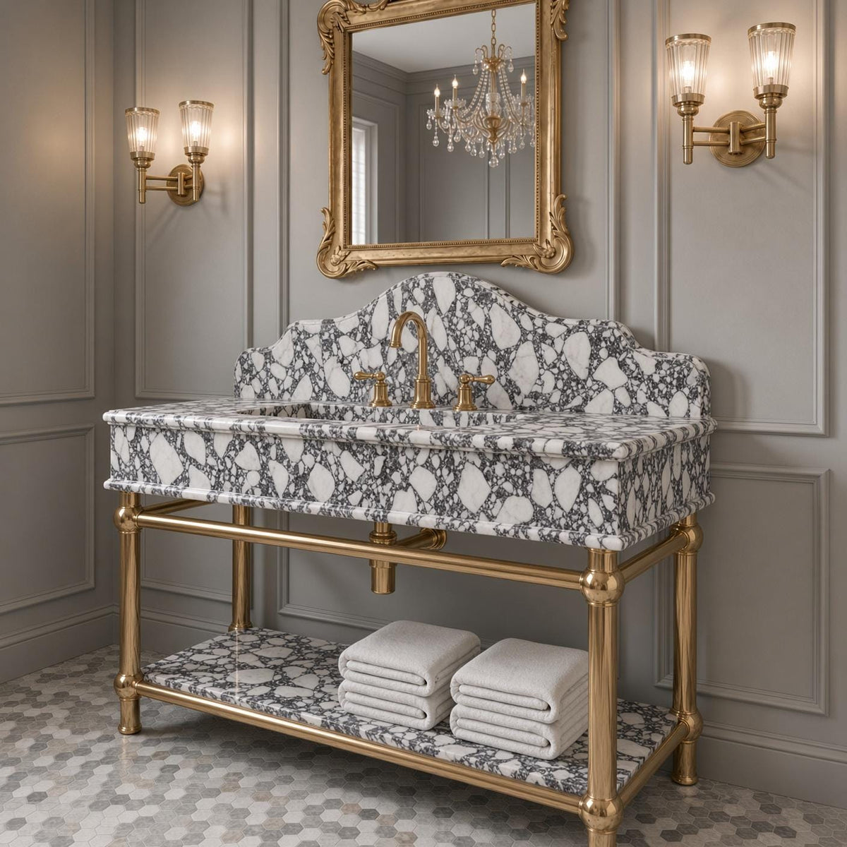 Calacatta Viola Marble Sink Vanity, Brass Console Stand, Luxury Bathroom Washbasin with Backsplash