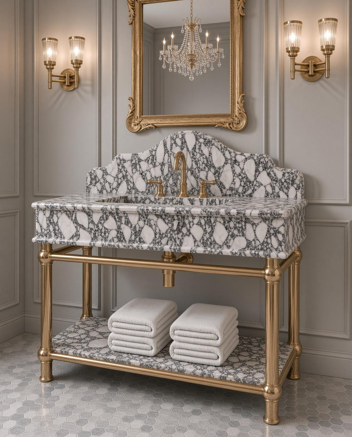 Calacatta Viola Marble Sink Vanity, Brass Console Stand, Luxury Bathroom Washbasin with Backsplash
