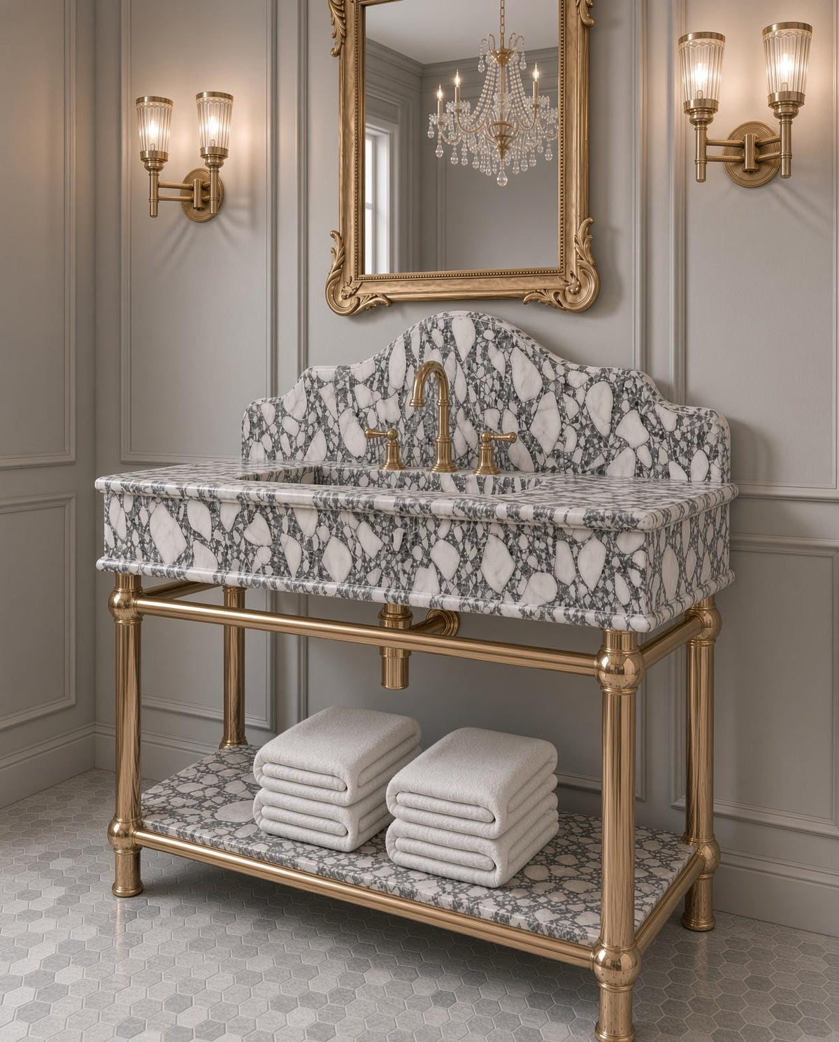Calacatta Viola Marble Sink Vanity, Brass Console Stand, Luxury Bathroom Washbasin with Backsplash