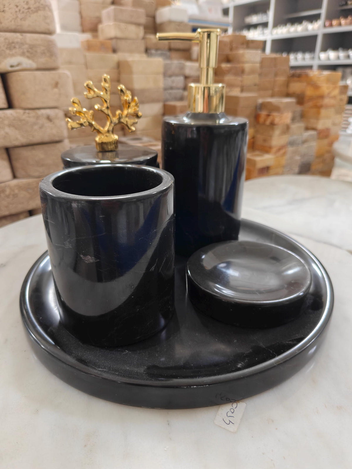 Alexander Black Marble Bathroom Set | Gold Coral Handle Jar, Vanity Tray, Soap Dispenser