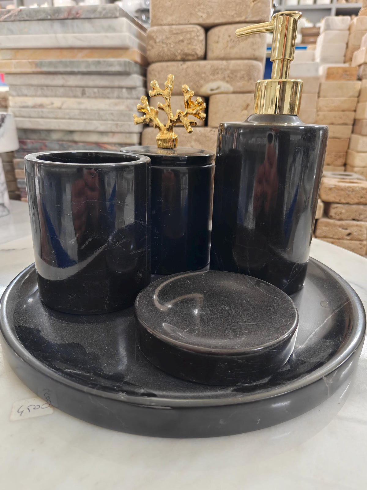 Alexander Black Marble Bathroom Set | Gold Coral Handle Jar, Vanity Tray, Soap Dispenser