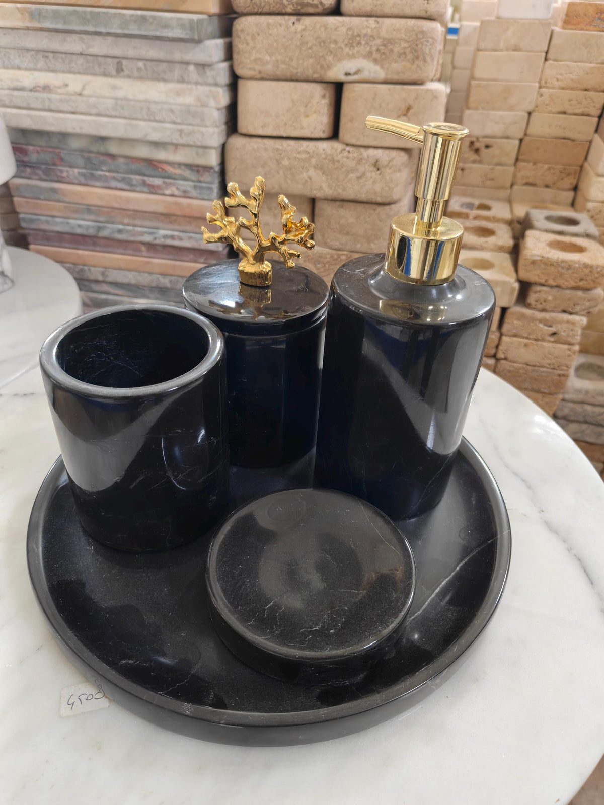 Alexander Black Marble Bathroom Set | Gold Coral Handle Jar, Vanity Tray, Soap Dispenser