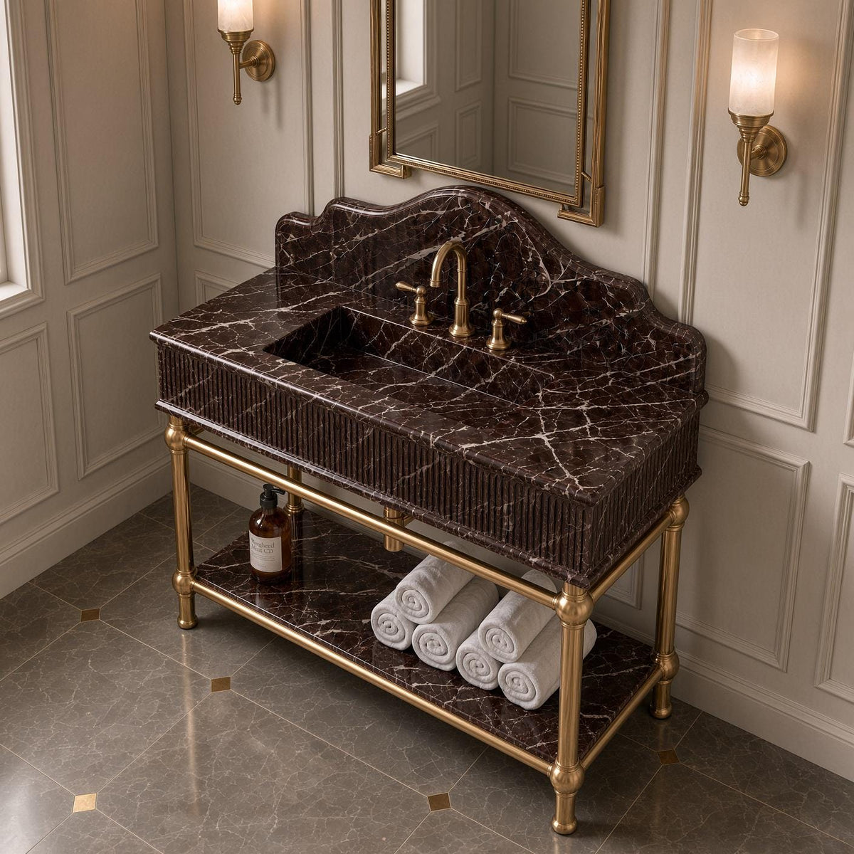 Rosso Levanto Marble Console Sink | Brass Legs Fluted Vanity | Gold Faucet Bathroom Washstand