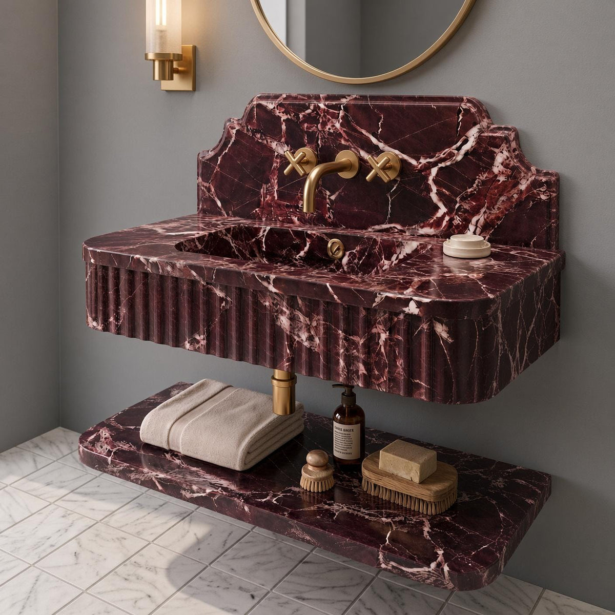 Handcrafted Rosso Levanto Marble Vanity, Fluted Apron, Wall-Mounted Sink (Calacatta White)
