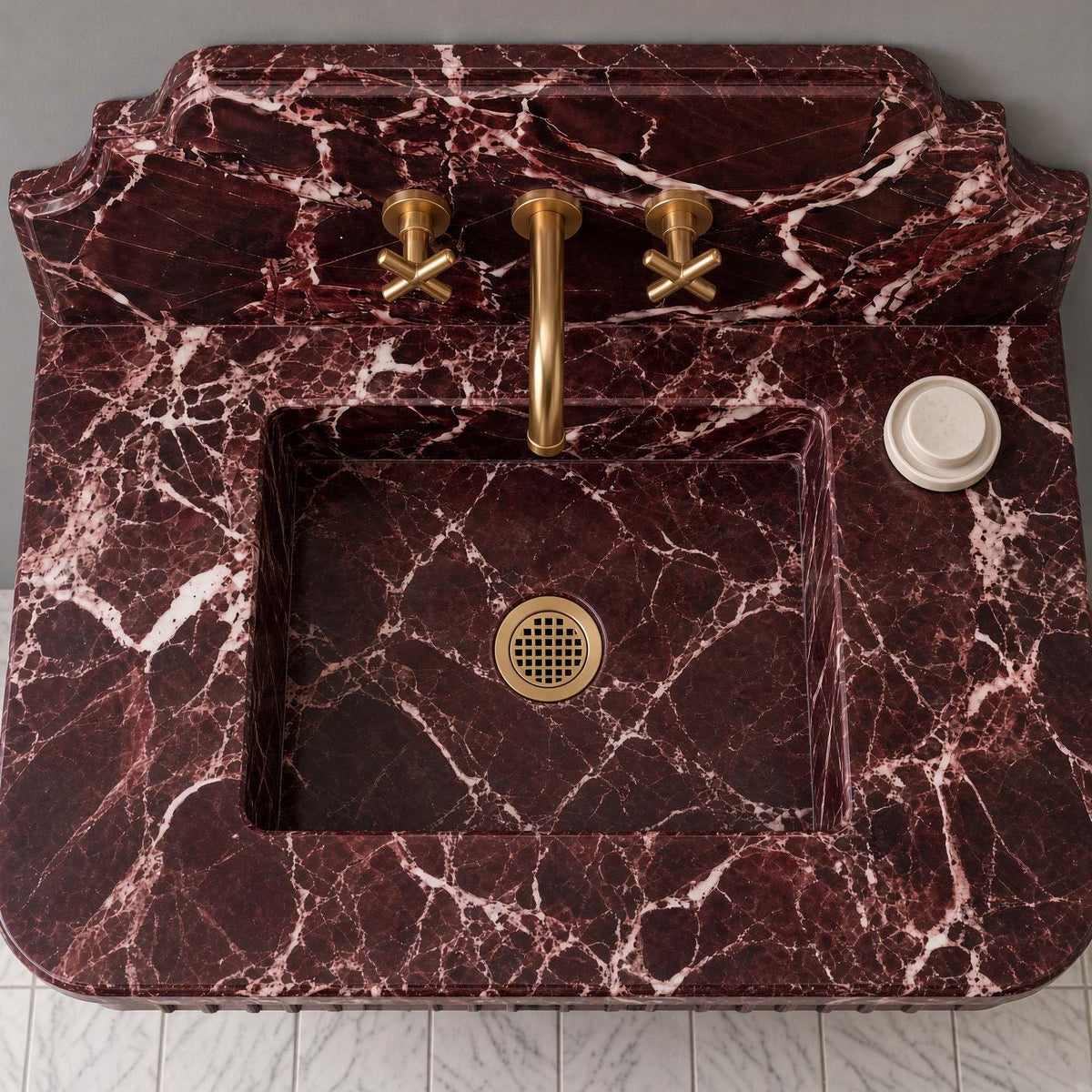 Handcrafted Rosso Levanto Marble Vanity, Fluted Apron, Wall-Mounted Sink (Calacatta White)