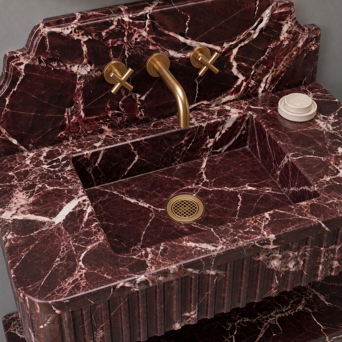 Handcrafted Rosso Levanto Marble Vanity, Fluted Apron, Wall-Mounted Sink (Calacatta White)