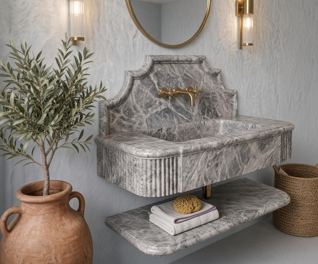 Grey Marble Floating Vanity, Fluted Apron, Powder Room Sink (Custom)