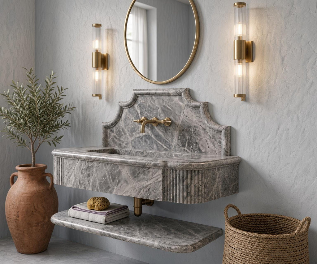 Grey Marble Floating Vanity, Fluted Apron, Powder Room Sink (Custom)