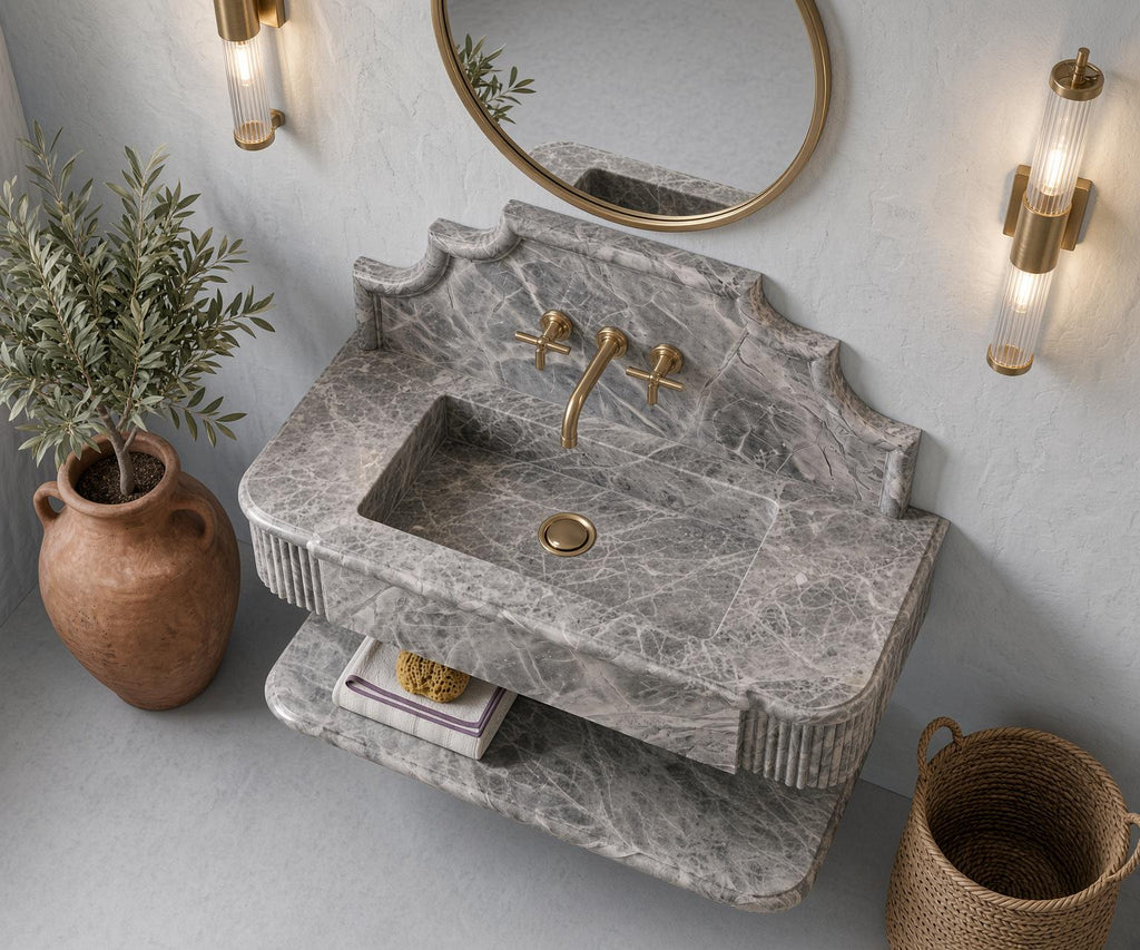 Grey Marble Floating Vanity, Fluted Apron, Powder Room Sink (Custom)